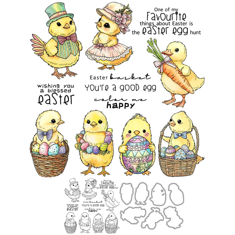 Mangocraft Happy Easter Eggs And Chicken Cutting Dies Clear Stamp DIY Scrapbooking Metal Dies Silicone Stamp For Cards Albums