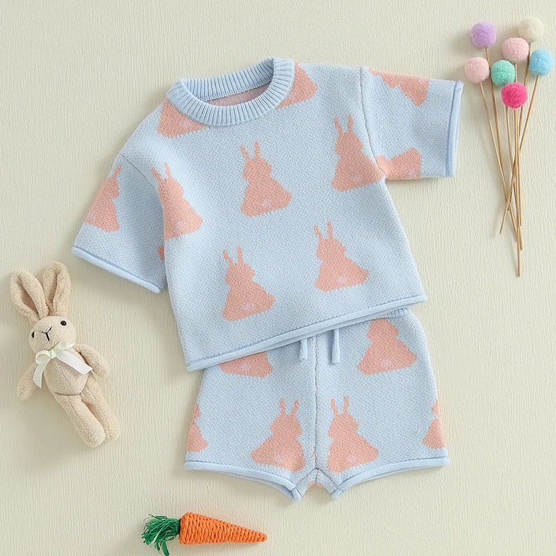 Adorable Baby Girls Easter Outfit with Bunny Print Knit Short Sleeve Top and Elastic Shorts Set - 2 Piece Cute Clothing