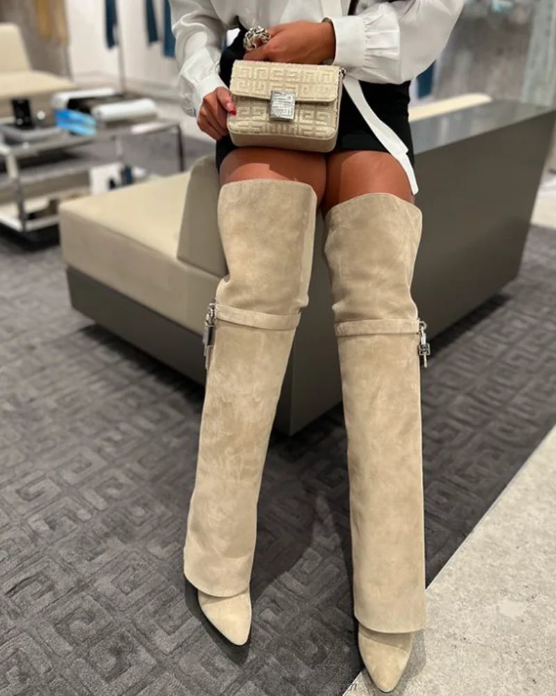 Suede Padlock Over Knee High Boots Women's 2024 Winter New in Pointed Toe Leather High Heels Shark Boots Luxury Designer Shoes