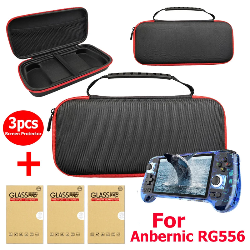 For Anbernic RG556 Retro Handheld Storage Bag EVA Travel Protective Case Scratch-proof Tempered Glass Screen Protector Kit