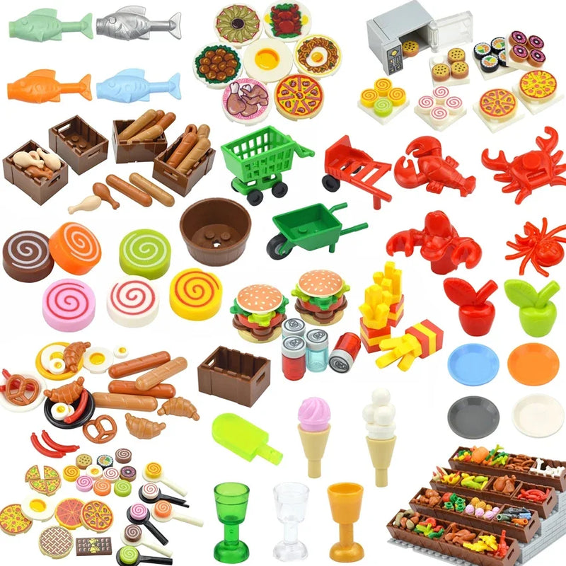 DlY Mini Food Building Block Figures Bread Fish Fruit Chicken Crab Hot Dog Cake Pizze Carrot Box Creative Toys City Parts Brick