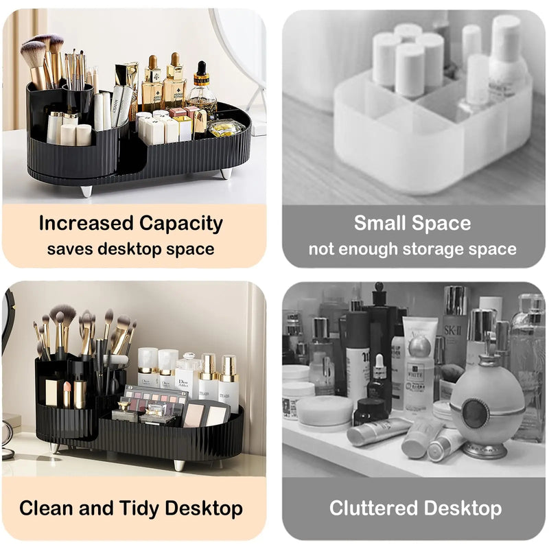 Rotating Makeup Organizer for Vanity with Brush Holder Cosmetic Storage Spinning Skincare Countertop Perfume Lotion Display Case