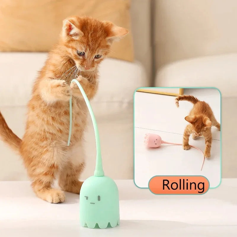 Intelligent Interactive Cat Toy USB Electric Rolling Ball Toy Cat Pet Silicone Rotating Imitation Mouse Tail Kitten Tease Stick