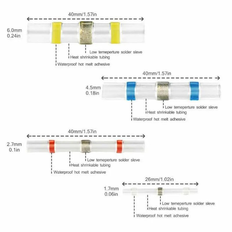 100pcs Waterproof Solder Seal Heat Connector Shrink Butt Connectors Lug Terminals Electrical Wire Car Insulated Terminal