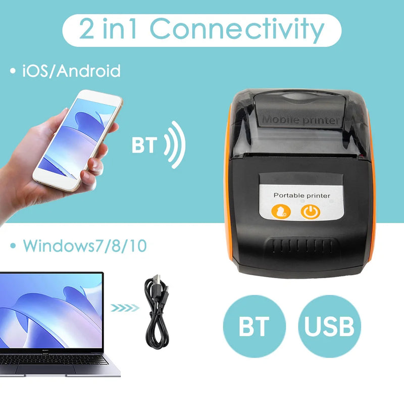 Receipt Printer 58mm Mini Thermal Printing Wireless BT USB Mobile PrinterCompatible with Android/iOS/Windows System