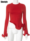 Shestyle Red Asymmetrical Ruffles T-Shirts Women Iron Shape Crew Neck Autumn Glowing Flare Sleeve Crop Tops New Arrivals Tees