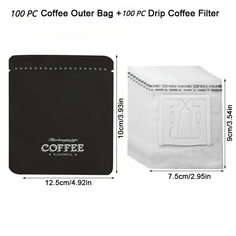 100Pc Coffee Powder Packaging Bag Aluminum Film Inner Machine Hot Seal Portable Hanging Ear Coffee Coffee Filter Paper Bags Set