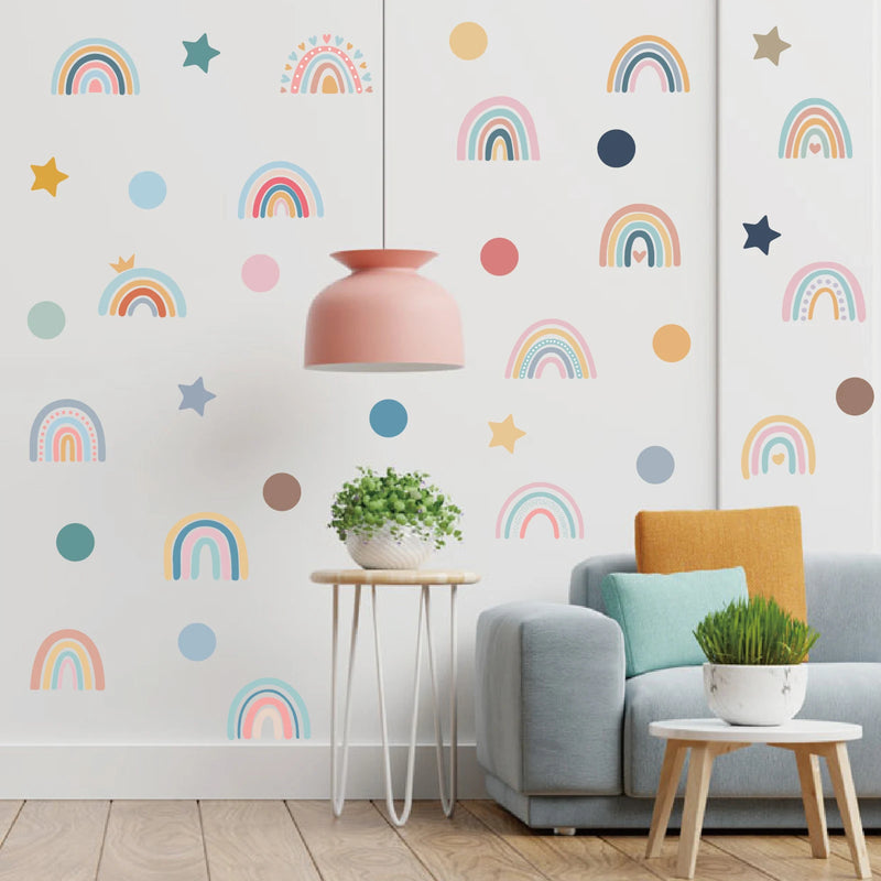 4 Sheets Cute Wall Decals DIY Rainbow Dots Stars Theme Boys Kids Room Wall Stickers Removable Vinyl Wall Art Decor