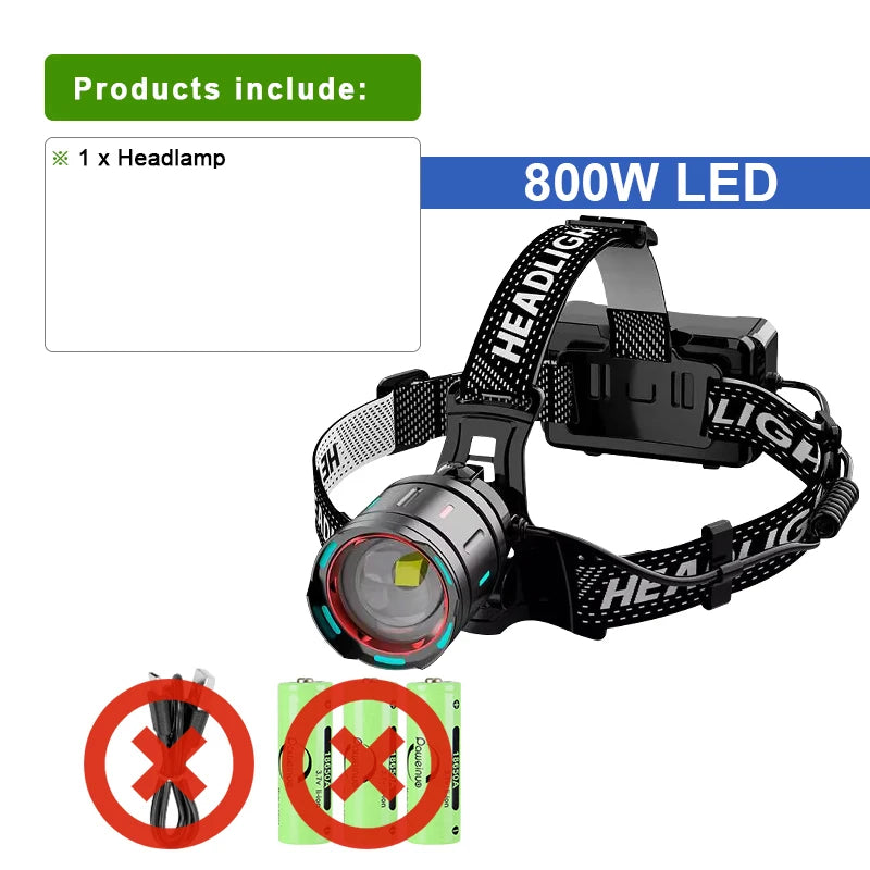 Upgrade 1000000LM Powerful 800W LED Headlamp Rechargeable Head Flashlight Digitals Display Headlamp Fishing Camping Head Lantern