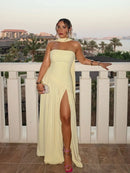 Butter Yellow Mesh Splicing Long Dress Elegant Strapless Split Backless Pleated Gowns For Women 2026 Lady Evening Party Gowns