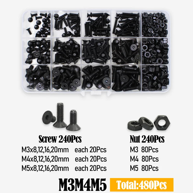 3045p Black Flat Head Socket Cap Screw Countersunk Bolts Nuts Washers Kit M2 M2.5 M3 M4 M5 M6 M8 10.9 Grade Alloy Steel DIN 7991