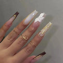 24Pcs Gold French Border False Nails Long Coffin False Nails with Rhinestones Ballerina Full Cover Nail Tips Press on Nails 2030