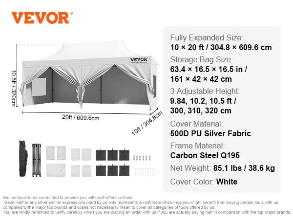 VEVOR 10x10 FT Pop up Canopy with Removable Sidewalls Portable Gazebo & Wheeled Bag UV Resistant Waterproof Tent for Patio