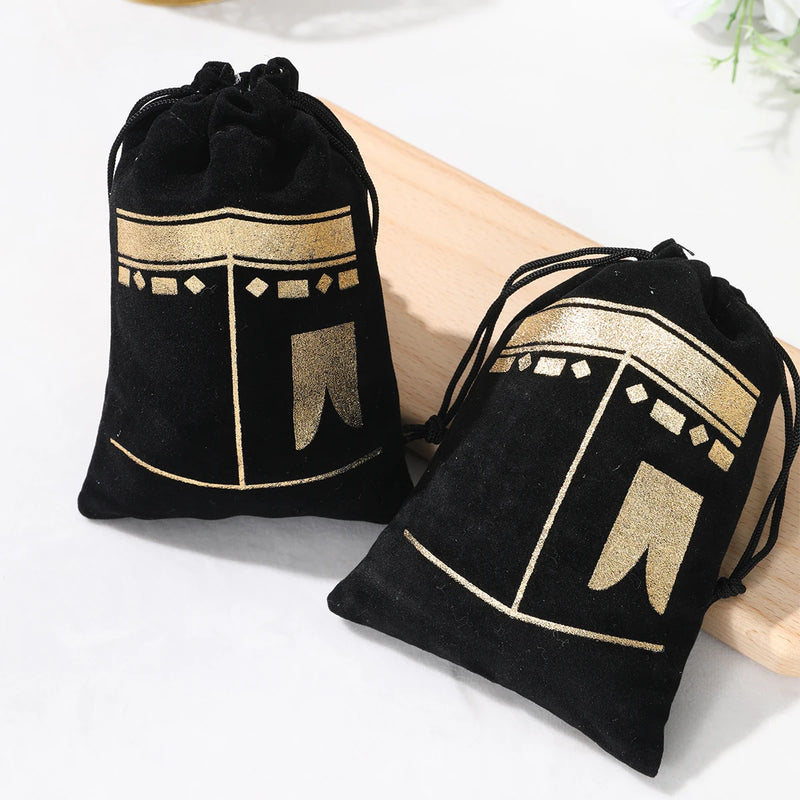 6pcs Eid Mubarak Bags Black Velvet Gift Kareem Ramadan Candy Bags Muslim Islamic Home Family Party Decorations Eid al-Fitr 2025