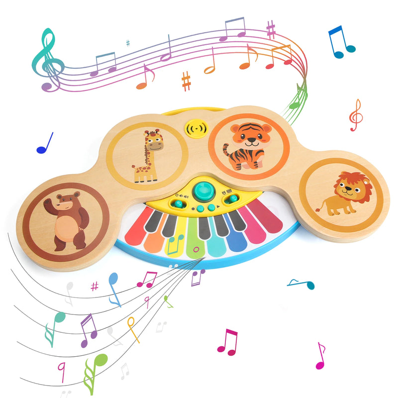 Wooden 2in1 Keyboard Piano Clapping Drum with Light & Music Cartoon Animals Music Toys Educational Toys for 12 months Baby Gifts