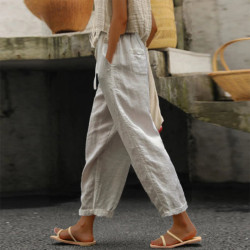 Summer New Casual Thin Trousers Women Cotton Linen Solid Color Pockets Drawstring Pants Ladies Simple Street Elastic Waist Pants