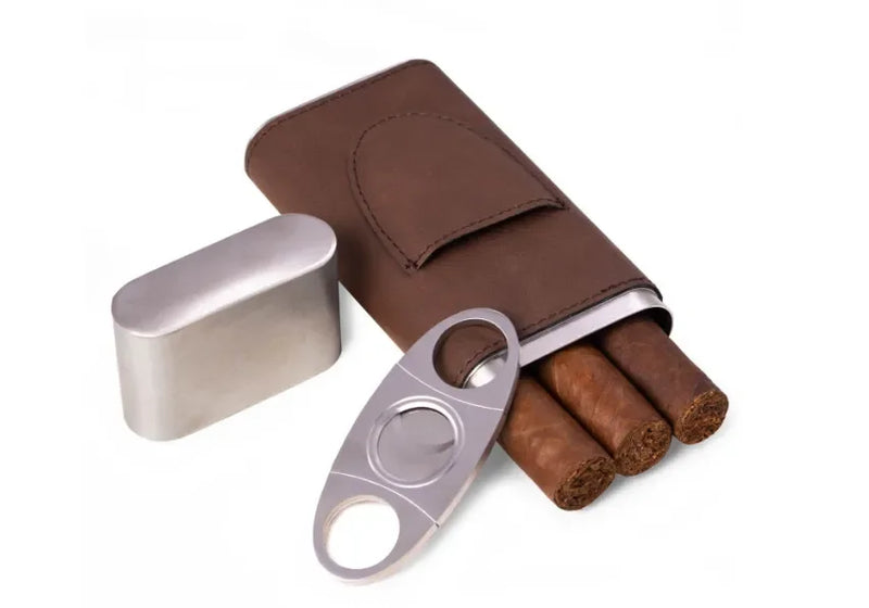 High Quality 3-Finger Cigars Holder Portable Leather Humidor With Silver Stainless Steel Cutter Case For Men Hot Selling