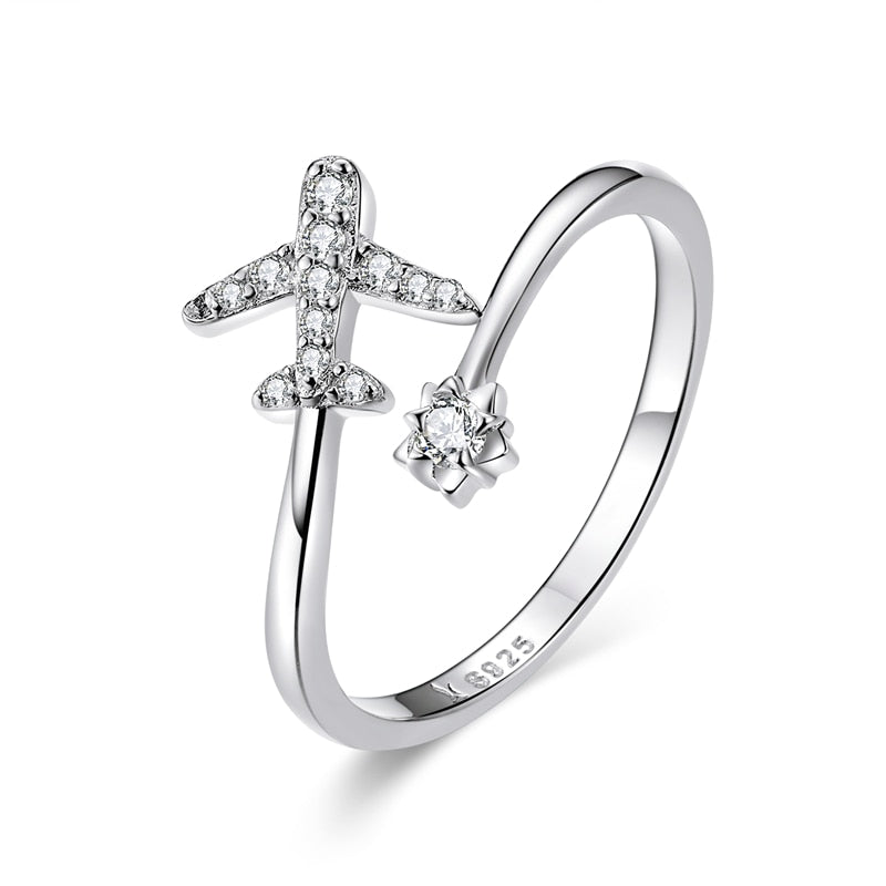 bamoer Genuine 925 Sterling Silver Flying Plane Open Finger Rings for Women Clear CZ Adjustable Rings Fine Jewelry Bijoux SCR623