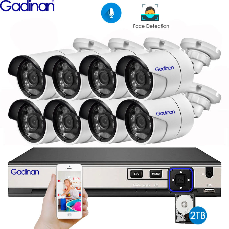 Gadinan H.265+ 8CH 5MP POE NVR Kit Security Face Detection CCTV System Audio AI 5MP IP Camera Outdoor P2P Video Surveillance Set