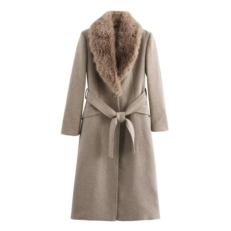 ZBZA Women's Warm Faux Fur Thick Coat Lace-up Fur Collar Long Sleeve Single Breasted Back Slit Solid Outercoat Winter Trenchcoat