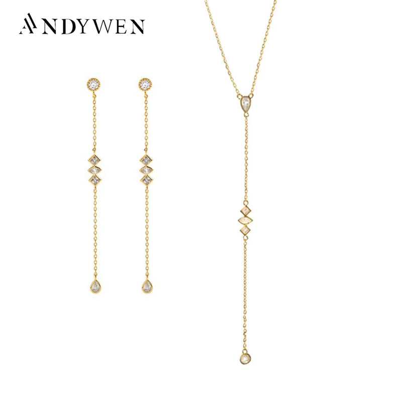 ANDYWEN 925 Sterling Silver Gold Mid long Necklace PIRAMIDE Long Earrings VERTICE Crystal CZ Fine Jewelry Set 2021 Wedding Gift