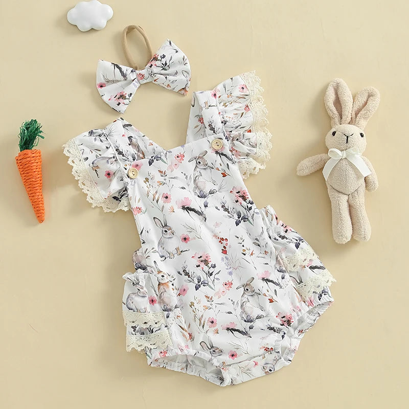 Toddler Girls Floral Bunny Print Lace Trim Flutter Sleeve Romper with Bow Headband Easter Outfit Set 2 Pieces