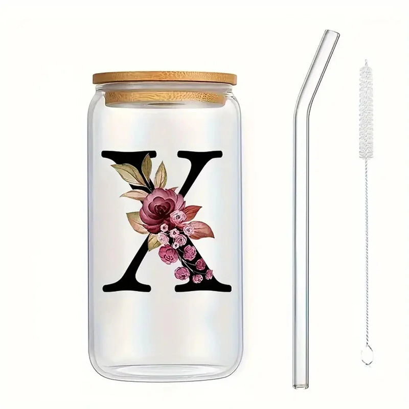 16oz 26 Letters Flower A-Z Coffee Mug Glass Jar With Bamboo Lid And Straw Birthday Gifts For Wedding Home