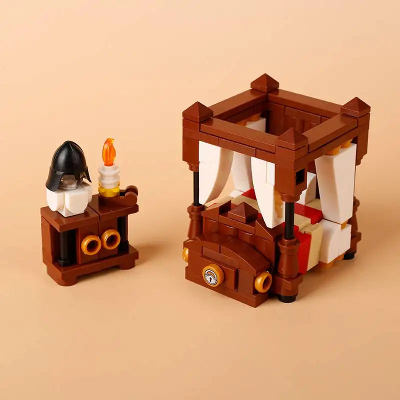 MOC Medieval Castle Building Blocks kit Tent Campfire Siege Car Hanging Cage Trial Bench Guillotine Weapon Toys Gifts Mini Brick