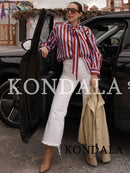 KONDALA Women Casual Trendy Striped Bow Shirt Single Breasted Shirt Fashion 2026 Spring Summer Holiday High Street Lady Shirt