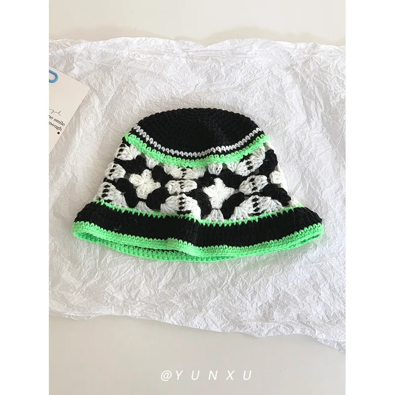 Retro Versatile Japanese Dopamine Rainbow Knitted Bucket Hats for Women Spring and Autumn Travel Fashion Casual Basin Cap