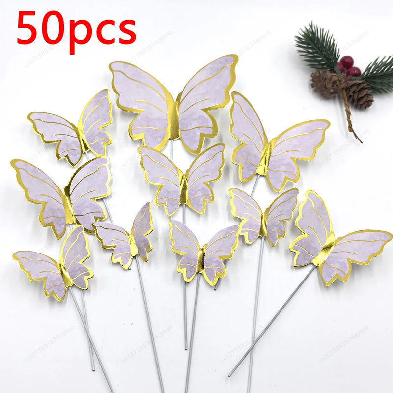 50pcs Butterfly Cake Decoration Gold Pink Butterfly Cake Toppers Birthday Wedding Anniversary Shower Baking Toppers