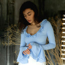 Cryptographic Elegant Frill Ruffle Detail Flare Sleeve Tops Low Plunge Neck Slim Tie Back Y2K Sexy Cropped Tops Solid Clothes