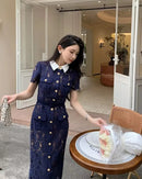 The Nocturne | Navy Lace Patchwork Retro Midi Dress