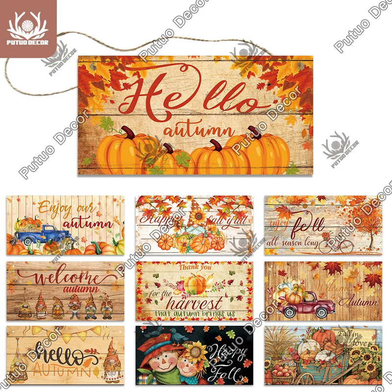 Putuo Decor Welcome Autumn Wood Sign Hello Fall Wooden Plaque Pastoral Garden Wooden Hanging Plate Backyard Wall Home Decoration