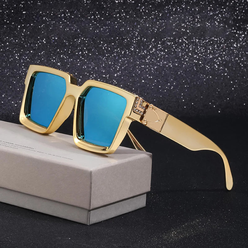 New Diamond-encrusted Large Thick Frame Square Sunglasses Women Golden Chain Millionaire Sunglasses for Men Shades UV400 Glasses