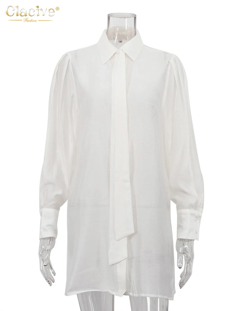 Clacive Fashion Loose White Women Blouse 2025 Casual Lapel Long Sleeve Shirt Elegant Classic Tie See Through Top Female Clothing