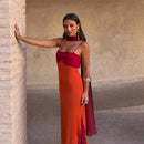 Fashion Women Color Blocking Scarf Collar Sling Dress Sexy Split Waist Cinching Bodycon Maxi Gowns 2026 Lady Club Party Vestidos