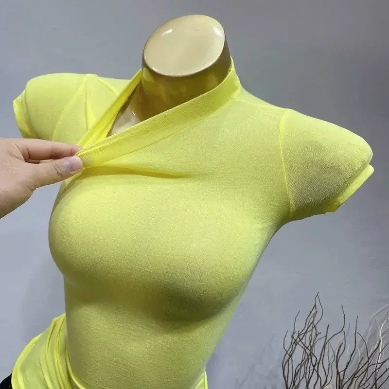 Wholesale Sexy Base Slim T Shirts Mock Neck Women Autumn High Strech Top Big Boobs Short Sleeve Solid Thin See-through T Shirts