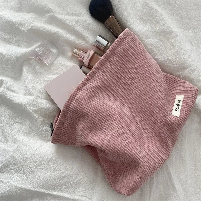 Women Large Cosmetic Bag Corduroy Cloth Girl Makeup Pouch Hand Travel Bag Lipstick Organizer Cases Zipper Clutch Phone Purse