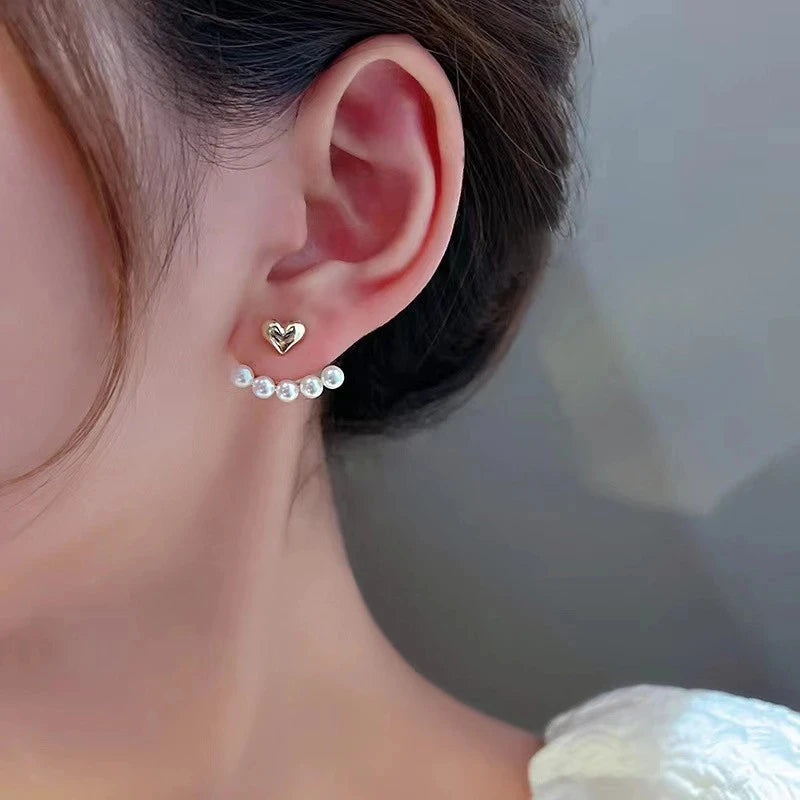 2024 New Elegant Metal Heart-Shaped Back Hanging Pearl Earrings Korean Fashion Jewelry for Woman Girls Accessories Wholesale