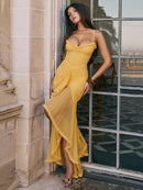 Mozision Ruffled Draped Ruched Sexy Maxi Dress For Women Yellow Spaghetti Strap Sleeveless Backless Club Party Sexy Long Dress