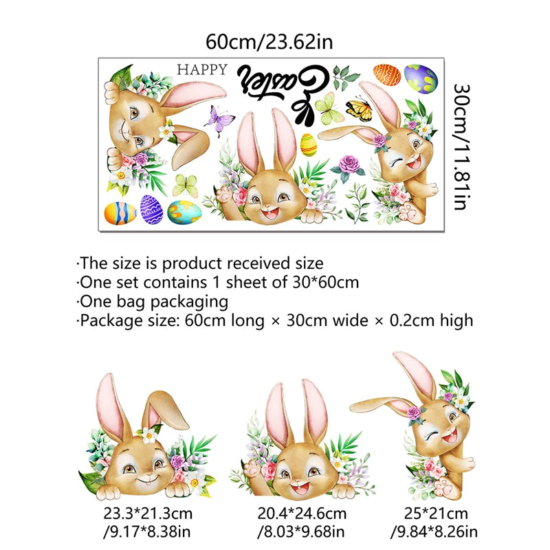 1Set Happy Easter Window Stickers Cartoon Rabbit Easter Eggs Flowers Butterfly Glass Sticker Spring Easter Home Decoration 2024