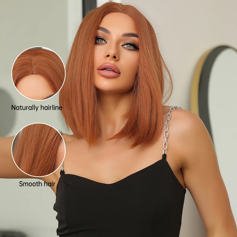 Short Synthetic Wigs Straight Bob Cut Middle Part Blunt Wig Ginger Orange Copper Fiber Hair for Black White Women Heat Resistant