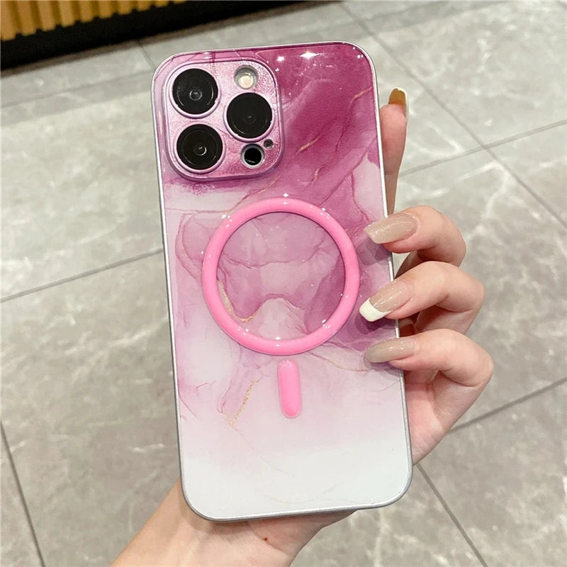 Luxury Color Marble Pattern Phone Case for iPhone 15 Pro 14 13 12 11 ProMax Magnetic Glowing in The Dark Protect Cover for Woman