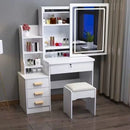 Dressing Table with LED Lights and Adjustable Brightness, Vanity Desk with Mirror, 4 Drawers, 6 Hidden Shelves, and Stool