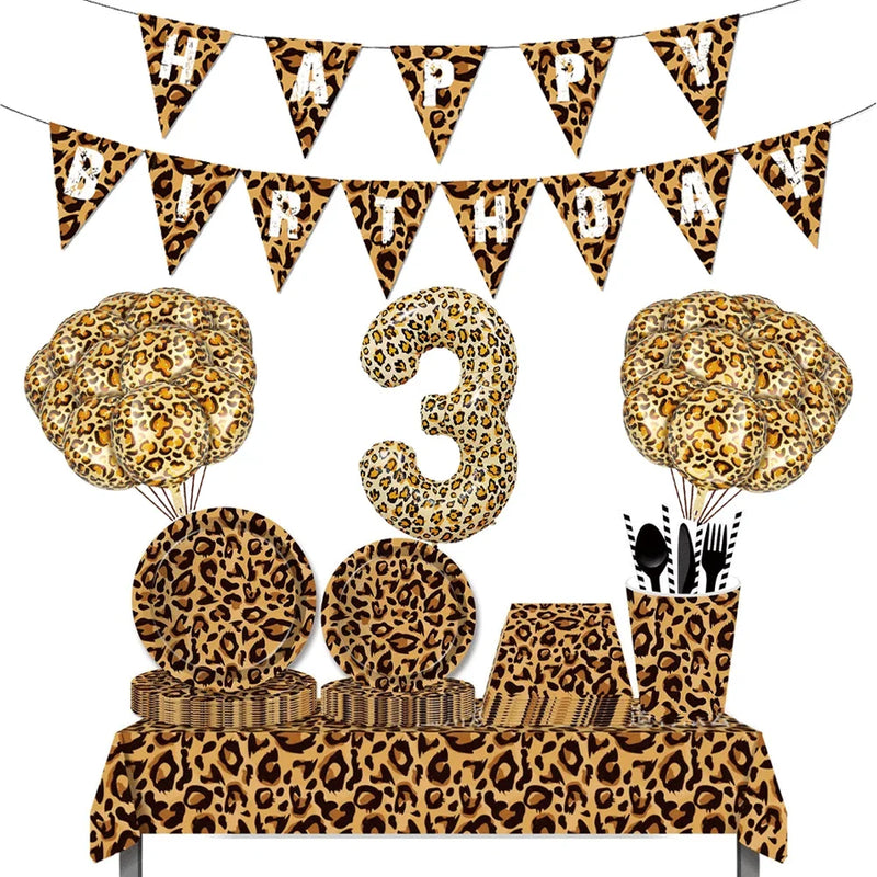 Jungle Safari Birthday 32Inch 1-9 Numbers Leopard Foil Balloon Land Animal Tiger Zebra Giraffe Disposable Tableware Party Decors