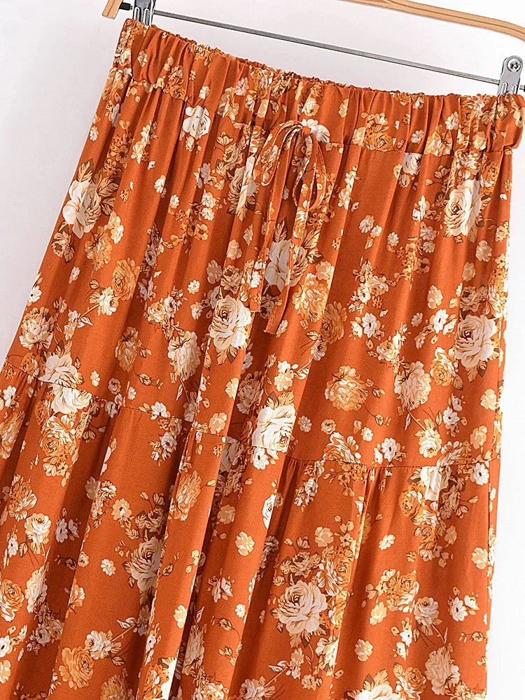 Vintage Chic Women Floral Print Summer Elastic Waist Pleasted Long Boho Skirt Rayon Cotton Bohemian Beach A-line Maxi Skirts
