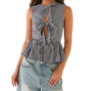 Stylish Halter Neck Crop Top Fashionable Sleeveless Checkered Blouse for Casual Outings and Nightlife Events