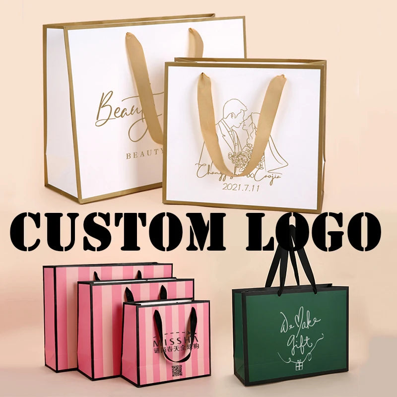 5 Pcs Custom Logo Gifts Package Bags For Jewelry Cosmetic Package Bags High Quality Wedding Gifts Package Paper Bags