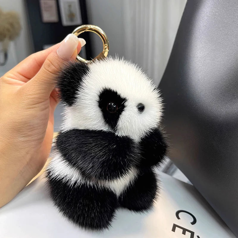 Small Panda Plush Doll Women Bag Ornaments Cute Imitation Mink Fur Panda Car Keychain Cute Bear Car Key Chain Fashion Gift